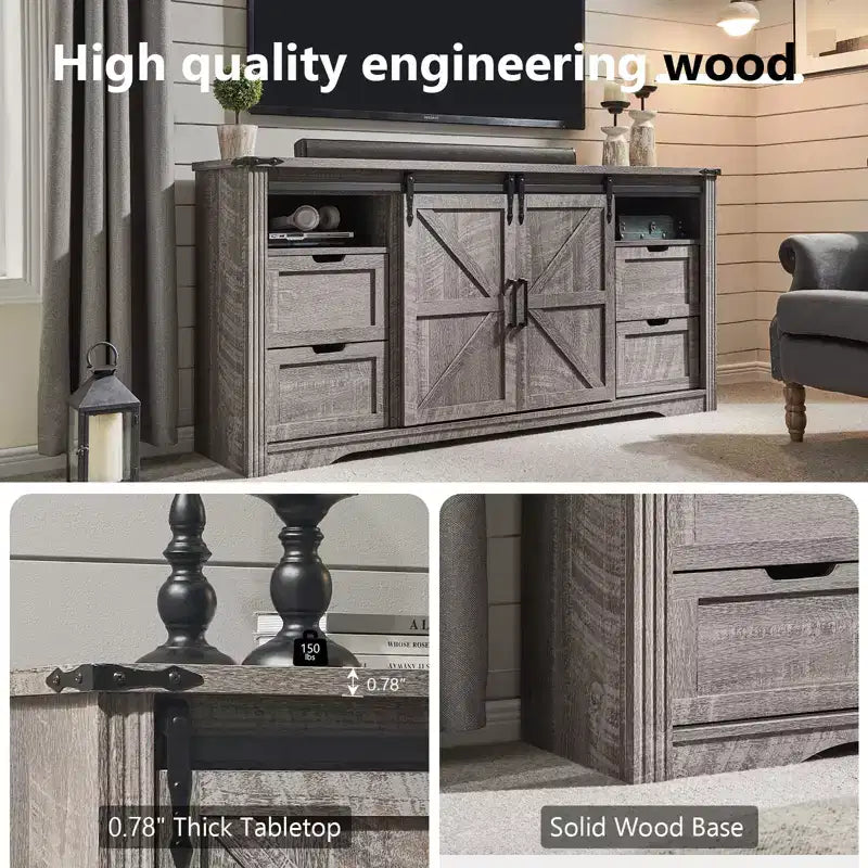 SinCiDo TV Stand for 75 80 Inch TV, Farmhouse Tall Entertainment Center with 4 Drawers & 2 Sliding Barn Door for Living Room