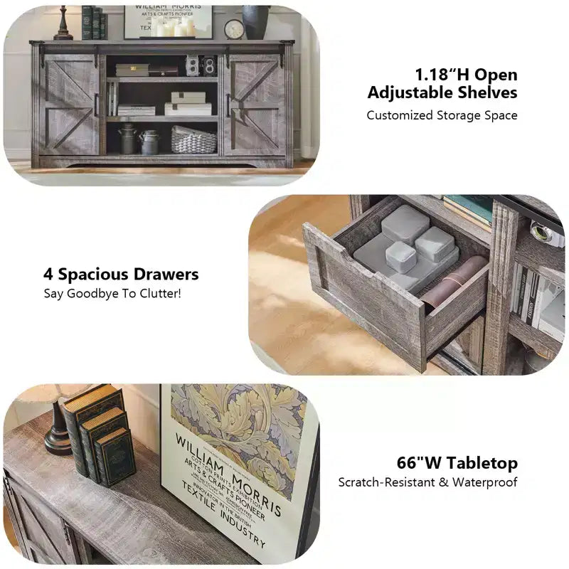 SinCiDo TV Stand for 75 80 Inch TV, Farmhouse Tall Entertainment Center with 4 Drawers & 2 Sliding Barn Door for Living Room