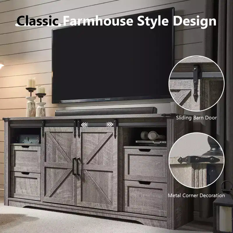 SinCiDo TV Stand for 75 80 Inch TV, Farmhouse Tall Entertainment Center with 4 Drawers & 2 Sliding Barn Door for Living Room