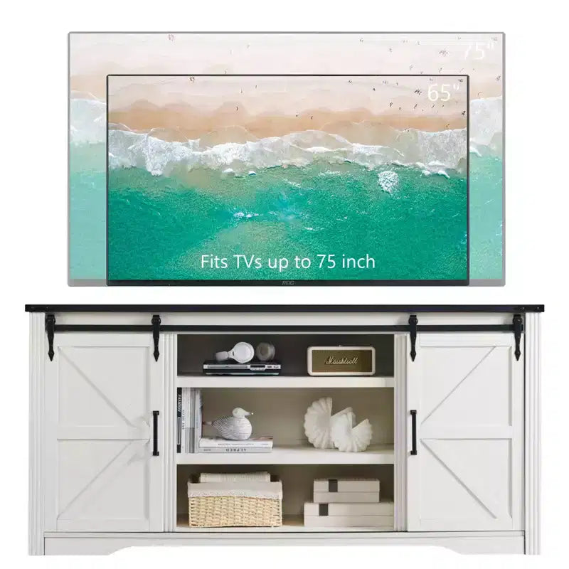 SinCiDo TV Stand for 75 80 Inch TV, Farmhouse Tall Entertainment Center with 4 Drawers & 2 Sliding Barn Door for Living Room