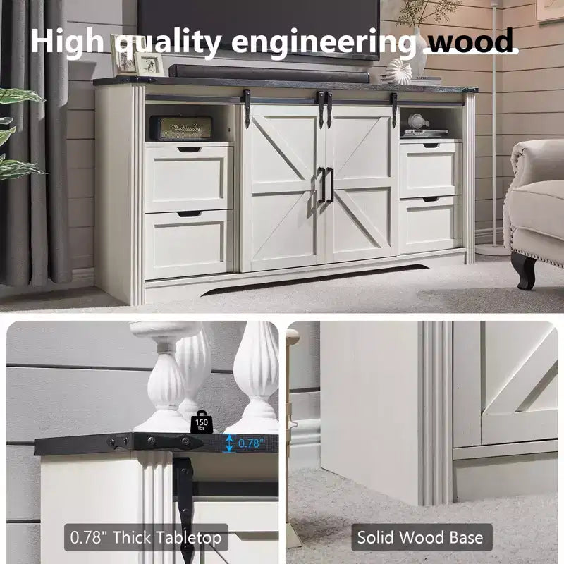 SinCiDo TV Stand for 75 80 Inch TV, Farmhouse Tall Entertainment Center with 4 Drawers & 2 Sliding Barn Door for Living Room