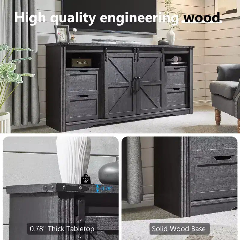 SinCiDo TV Stand for 75 80 Inch TV, Farmhouse Tall Entertainment Center with 4 Drawers & 2 Sliding Barn Door for Living Room