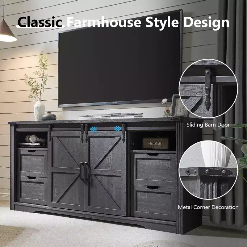 SinCiDo TV Stand for 75 80 Inch TV, Farmhouse Tall Entertainment Center with 4 Drawers & 2 Sliding Barn Door for Living Room