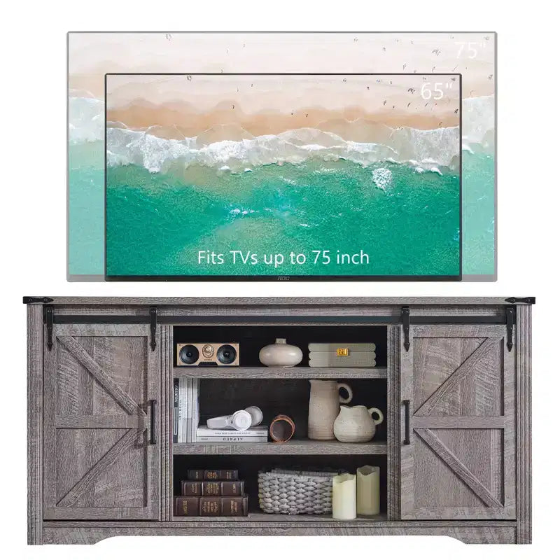 SinCiDo TV Stand for 75 80 Inch TV, Farmhouse Tall Entertainment Center with 4 Drawers & 2 Sliding Barn Door for Living Room