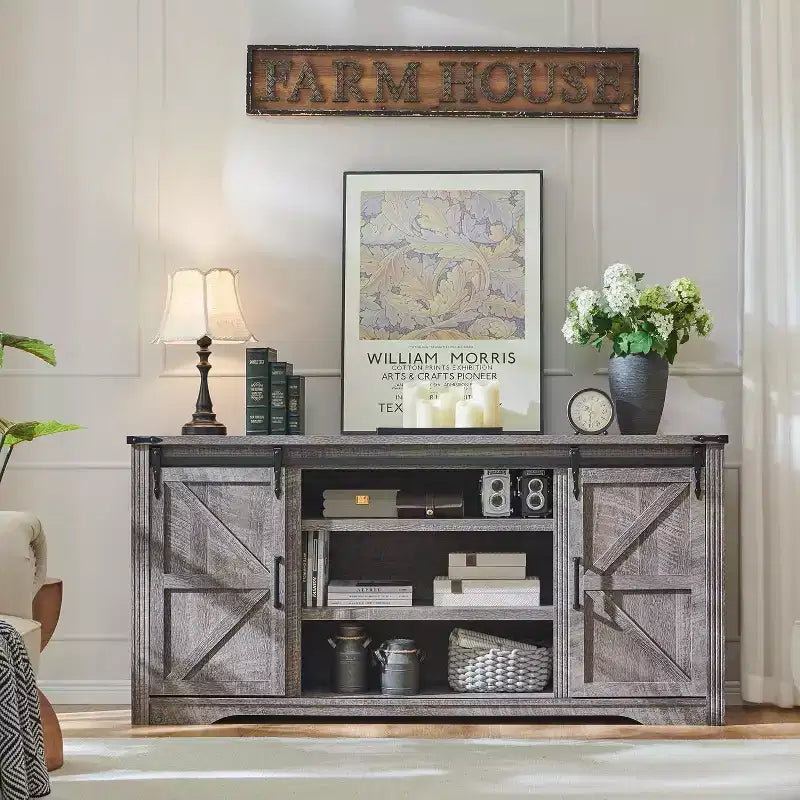 SinCiDo TV Stand for 75 80 Inch TV, Farmhouse Tall Entertainment Center with 4 Drawers & 2 Sliding Barn Door for Living Room
