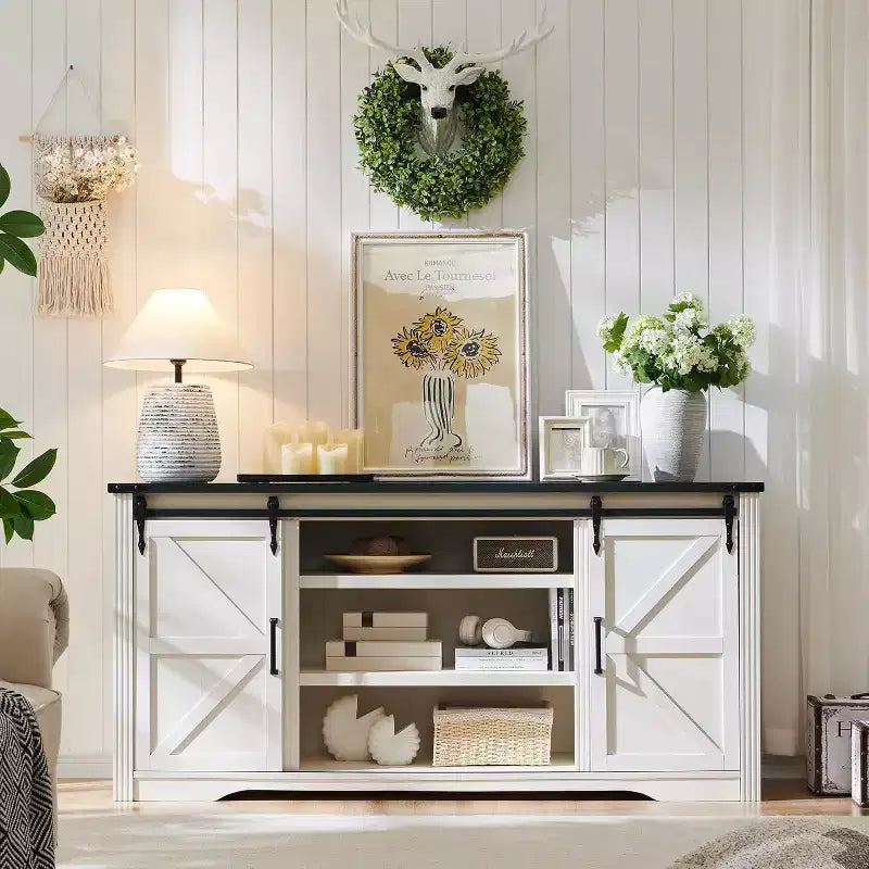 SinCiDo TV Stand for 75 80 Inch TV, Farmhouse Tall Entertainment Center with 4 Drawers & 2 Sliding Barn Door for Living Room