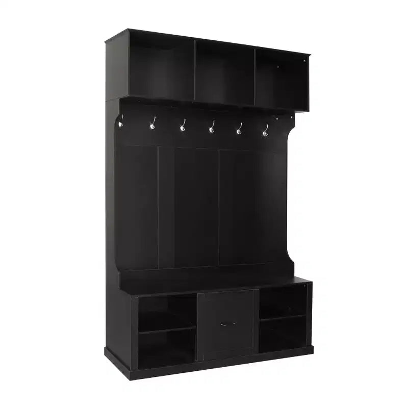 3-in-1 Hall Tree Coat Rack Coat Hanger Mudroom Bench Entryway Shoe Cabinet with Hooks, Open Shelves and Drawer, White/Black-ModernLuxe