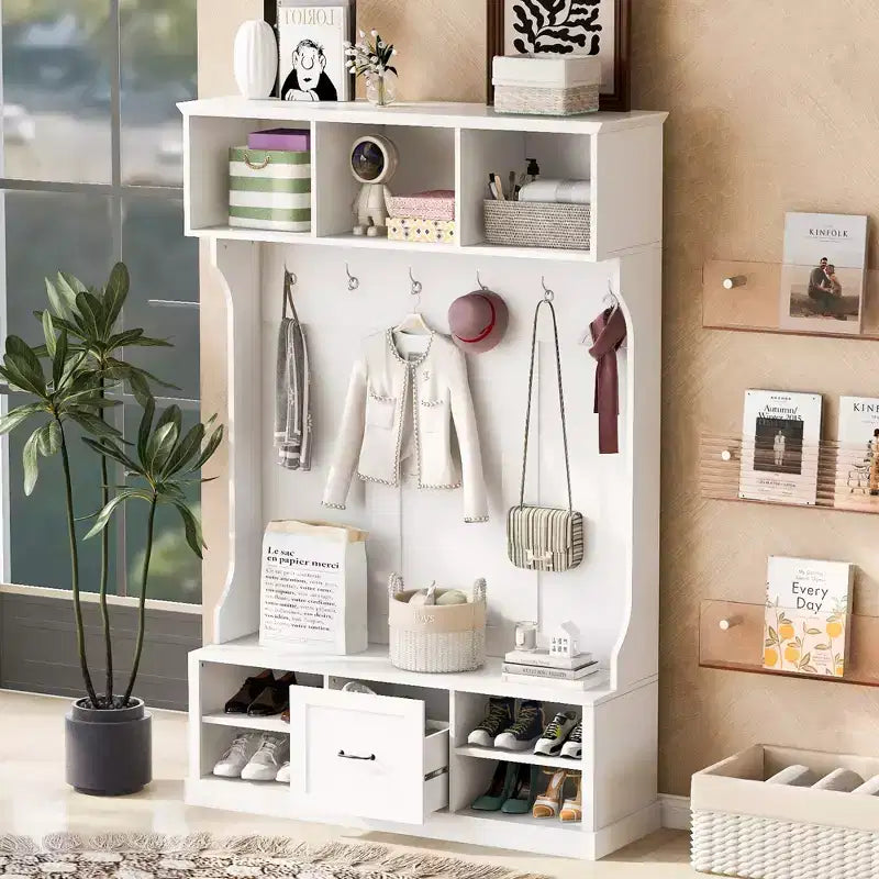 3-in-1 Hall Tree Coat Rack Coat Hanger Mudroom Bench Entryway Shoe Cabinet with Hooks, Open Shelves and Drawer, White/Black-ModernLuxe