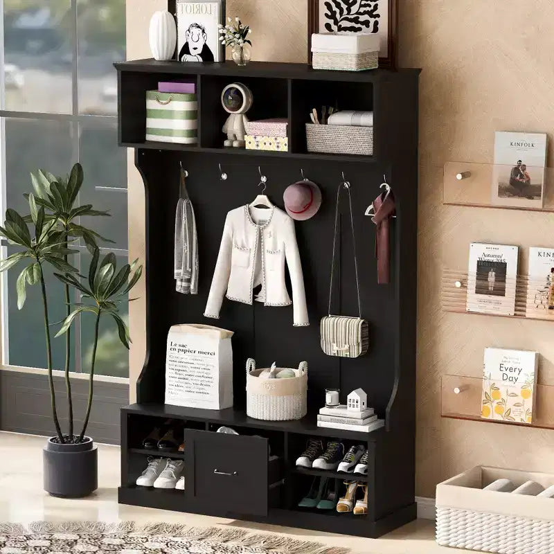 3-in-1 Hall Tree Coat Rack Coat Hanger Mudroom Bench Entryway Shoe Cabinet with Hooks, Open Shelves and Drawer, White/Black-ModernLuxe