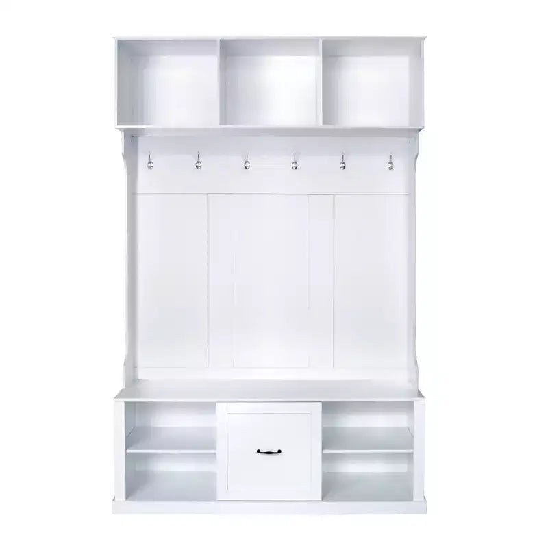 3-in-1 Hall Tree Coat Rack Coat Hanger Mudroom Bench Entryway Shoe Cabinet with Hooks, Open Shelves and Drawer, White/Black-ModernLuxe