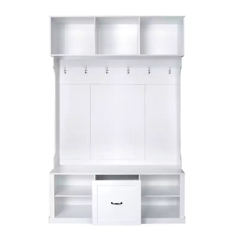 3-in-1 Hall Tree Coat Rack Coat Hanger Mudroom Bench Entryway Shoe Cabinet with Hooks, Open Shelves and Drawer, White/Black-ModernLuxe