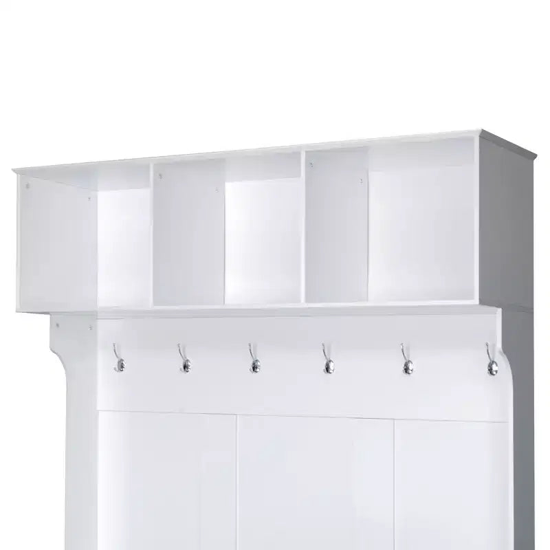 3-in-1 Hall Tree Coat Rack Coat Hanger Mudroom Bench Entryway Shoe Cabinet with Hooks, Open Shelves and Drawer, White/Black-ModernLuxe