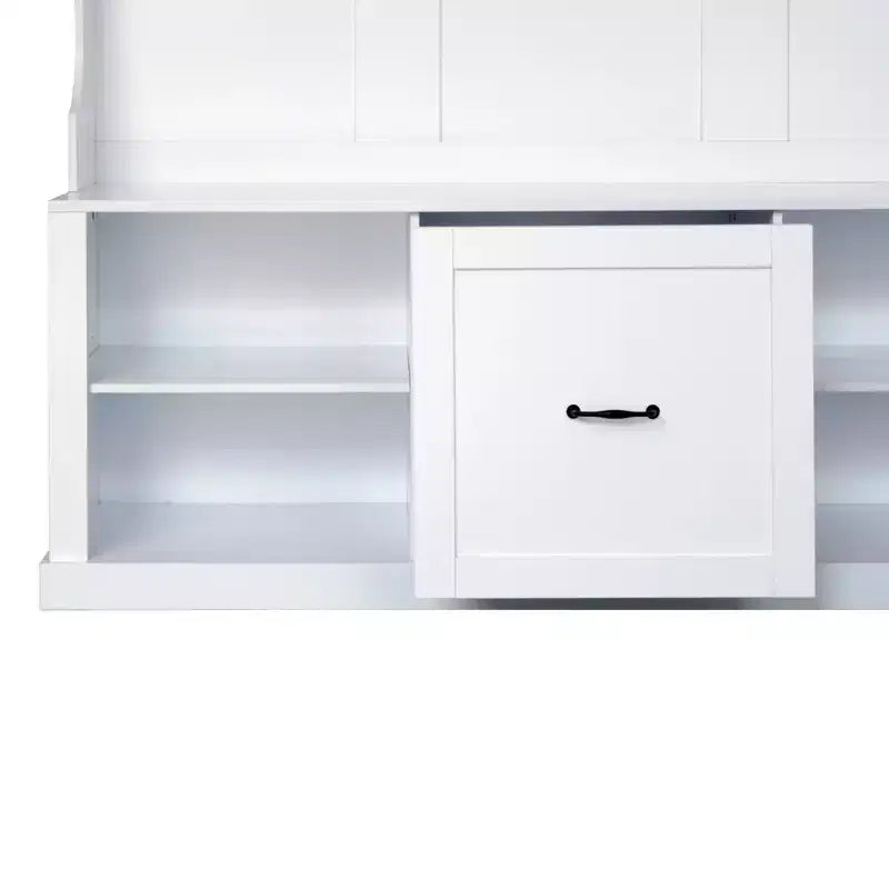 3-in-1 Hall Tree Coat Rack Coat Hanger Mudroom Bench Entryway Shoe Cabinet with Hooks, Open Shelves and Drawer, White/Black-ModernLuxe