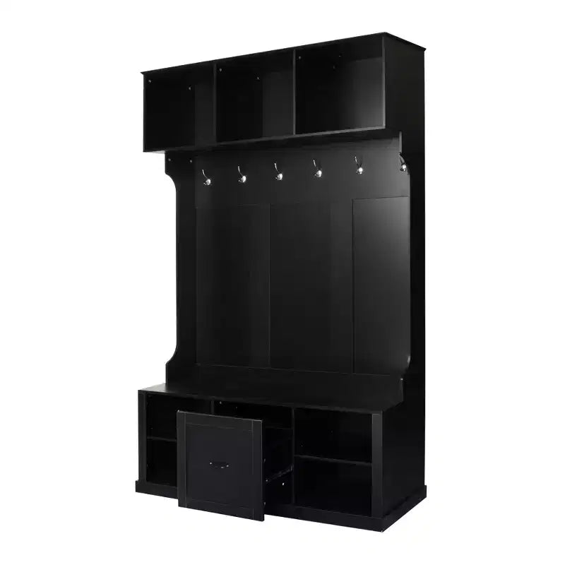 3-in-1 Hall Tree Coat Rack Coat Hanger Mudroom Bench Entryway Shoe Cabinet with Hooks, Open Shelves and Drawer, White/Black-ModernLuxe