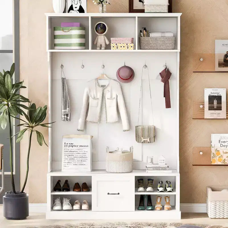 3-in-1 Hall Tree Coat Rack Coat Hanger Mudroom Bench Entryway Shoe Cabinet with Hooks, Open Shelves and Drawer, White/Black-ModernLuxe