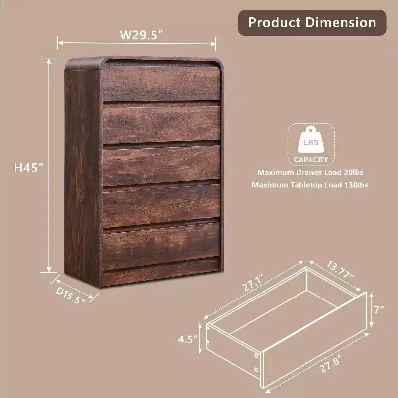 SinCiDo 5 Drawers Dresser for Bedroom, Modern 45in Tall Dressers & Chests of Drawers