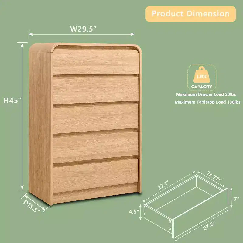 SinCiDo 5 Drawers Dresser for Bedroom, Modern 45in Tall Dressers & Chests of Drawers