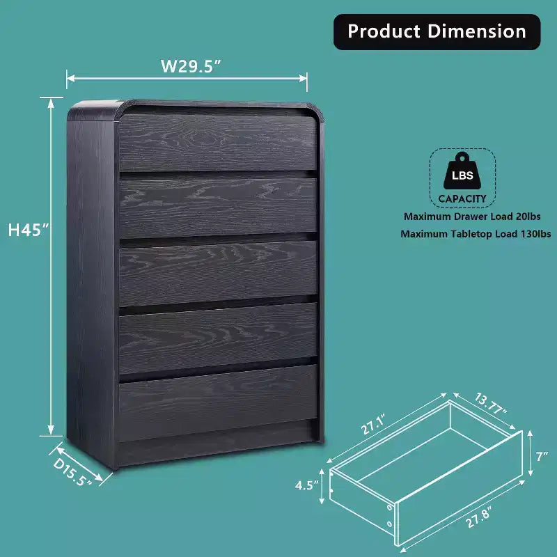 SinCiDo 5 Drawers Dresser for Bedroom, Modern 45in Tall Dressers & Chests of Drawers