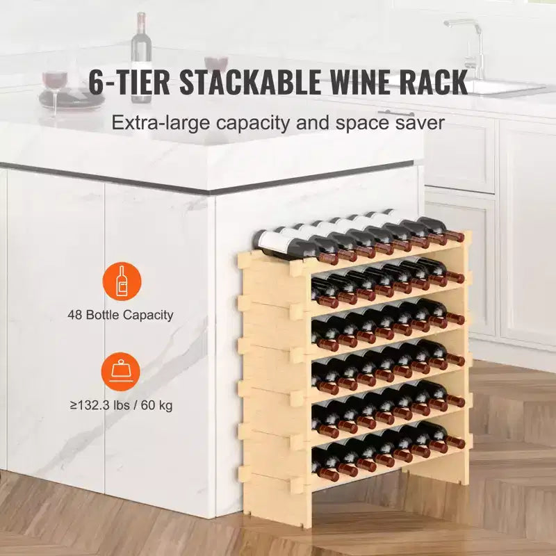 VEVOR 48 Bottle Stackable Modular Wine Rack, 6-Tier Solid Bamboo Wood Storage Racks, Floor Freestanding Wines Holder Display Shelf, Natural Color
