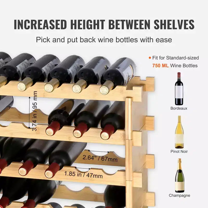 VEVOR 48 Bottle Stackable Modular Wine Rack, 6-Tier Solid Bamboo Wood Storage Racks, Floor Freestanding Wines Holder Display Shelf, Natural Color