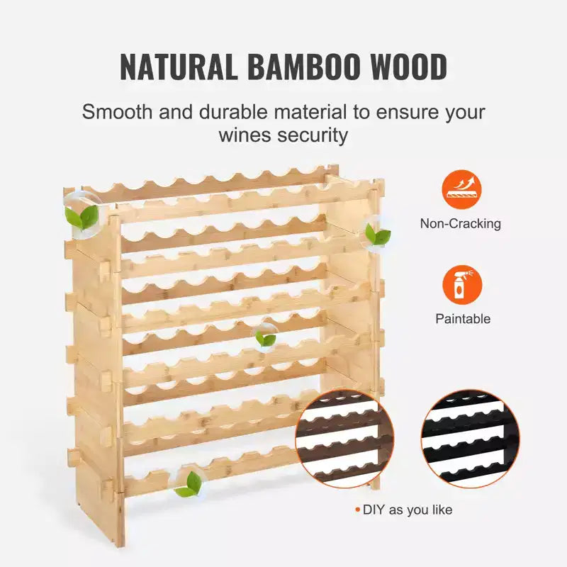 VEVOR 48 Bottle Stackable Modular Wine Rack, 6-Tier Solid Bamboo Wood Storage Racks, Floor Freestanding Wines Holder Display Shelf, Natural Color