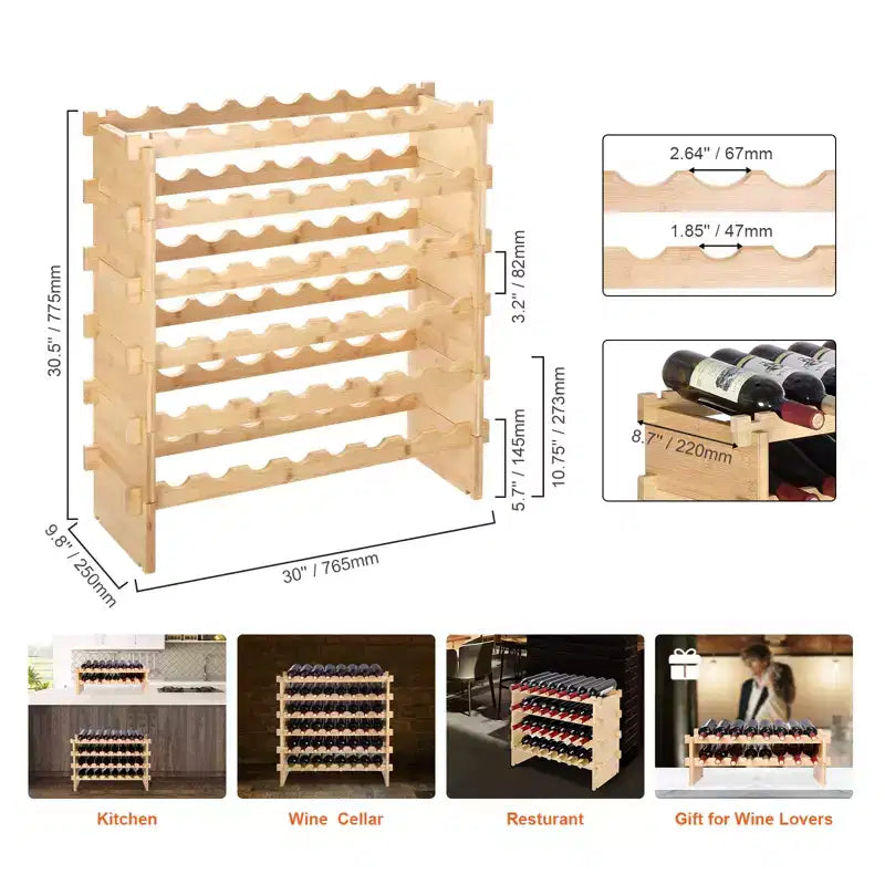 VEVOR 48 Bottle Stackable Modular Wine Rack, 6-Tier Solid Bamboo Wood Storage Racks, Floor Freestanding Wines Holder Display Shelf, Natural Color