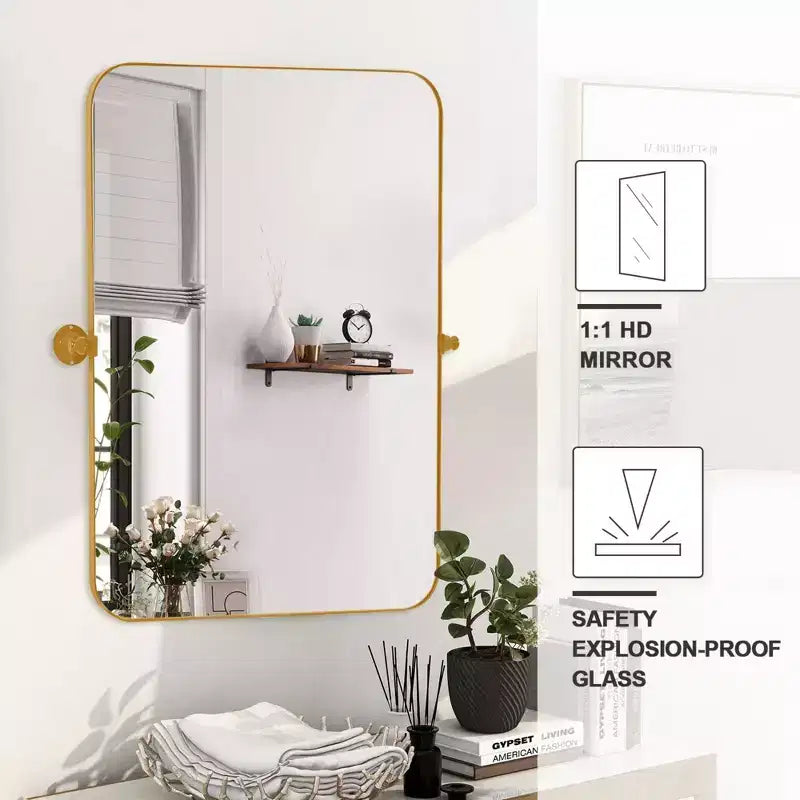 Gold Metal Hanging Mirror with Iron Round Corner Rectangular Frame, 91x61x4cm