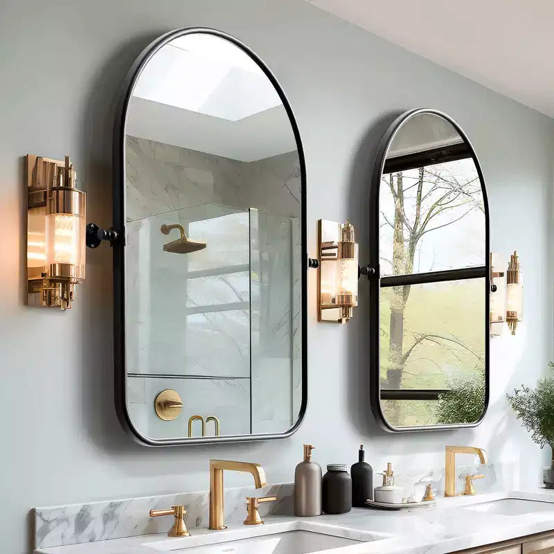 Black Rotatable Hanging Mirror with Round Corner Arch Shape, Iron Art Hardware
