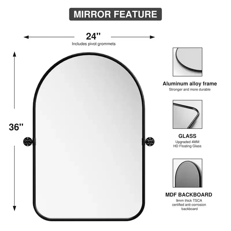 Black Rotatable Hanging Mirror with Round Corner Arch Shape, Iron Art Hardware