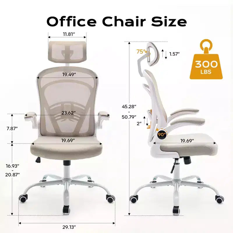 Ergonomic Office Chair Flip-Up Armrests & Lumbar Support Wide Seat Gaming Chair for Study/Bedroom/Home Office