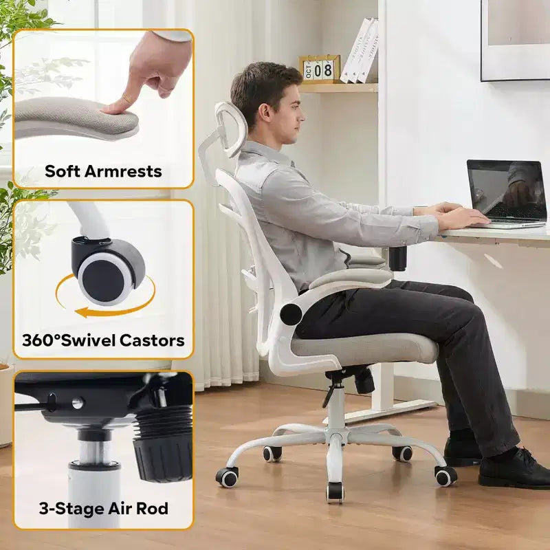 Ergonomic Office Chair Flip-Up Armrests & Lumbar Support Wide Seat Gaming Chair for Study/Bedroom/Home Office