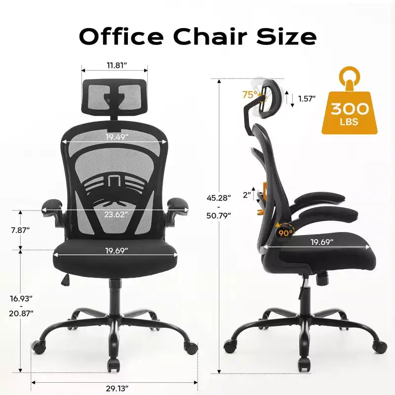 Ergonomic Office Chair Flip-Up Armrests & Lumbar Support Wide Seat Gaming Chair for Study/Bedroom/Home Office