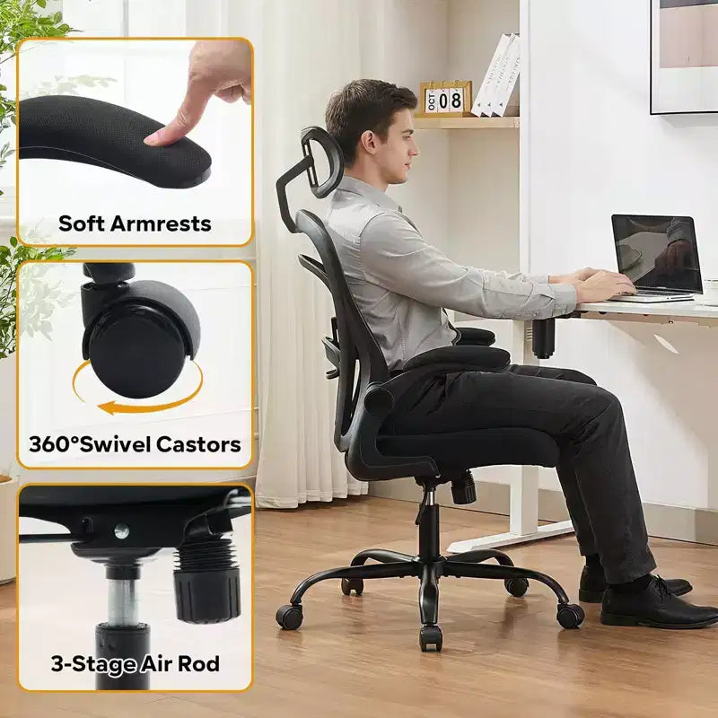 Ergonomic Office Chair Flip-Up Armrests & Lumbar Support Wide Seat Gaming Chair for Study/Bedroom/Home Office