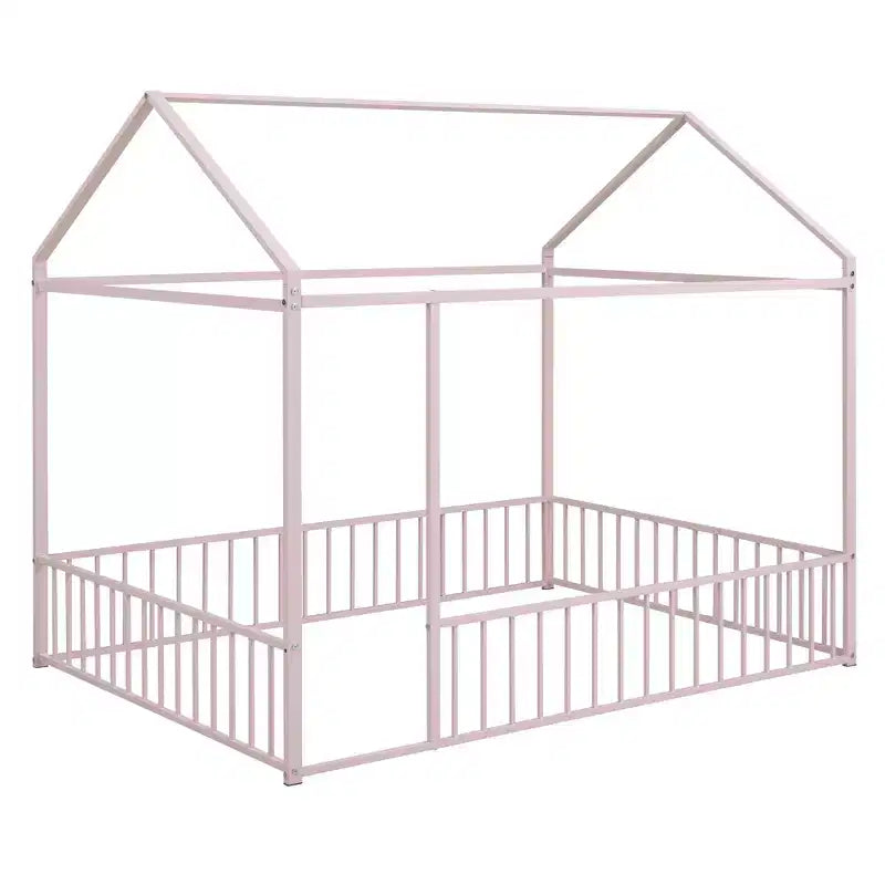 Luxystar Full Size Metal House Bed Frame with Fence for Kids and Teens