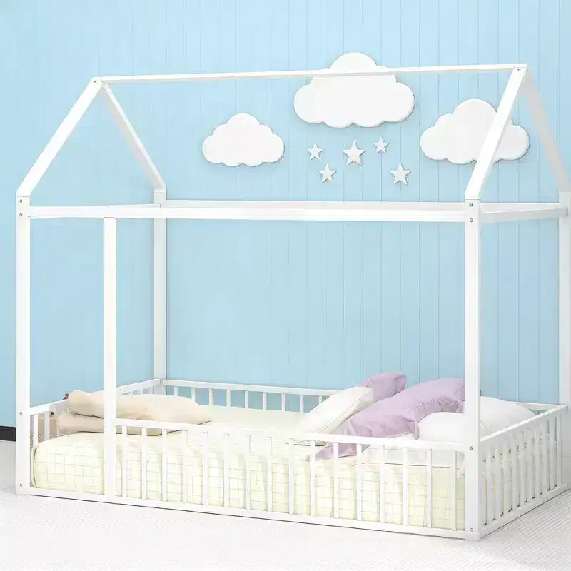 Luxystar Full Size Metal House Bed Frame with Fence for Kids and Teens