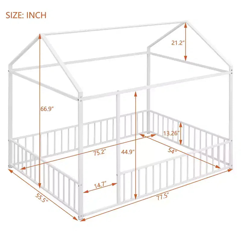Luxystar Full Size Metal House Bed Frame with Fence for Kids and Teens