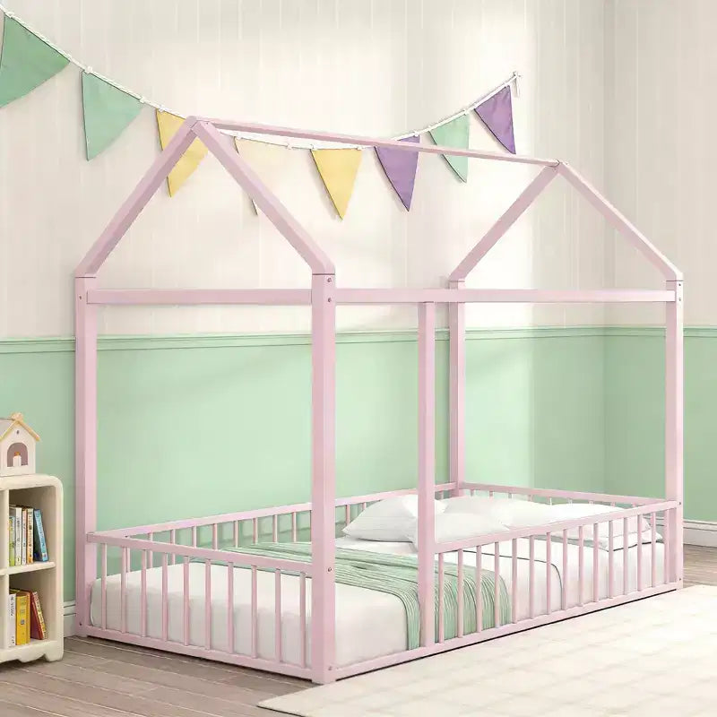 Luxystar Full Size Metal House Bed Frame with Fence for Kids and Teens