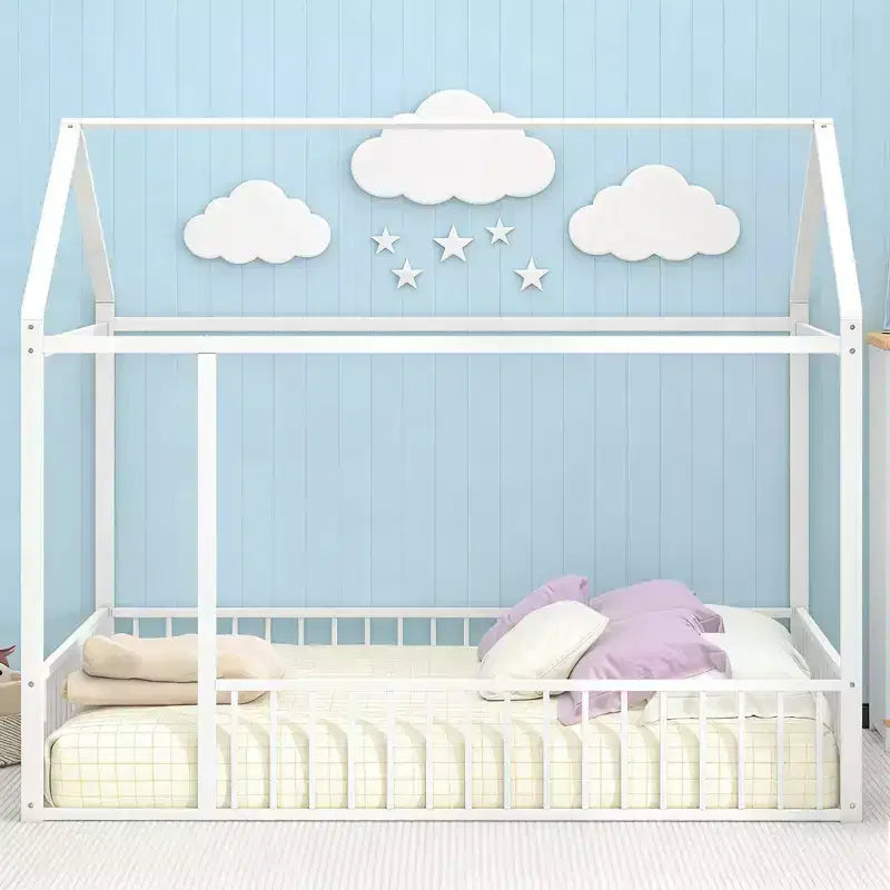 Luxystar Full Size Metal House Bed Frame with Fence for Kids and Teens
