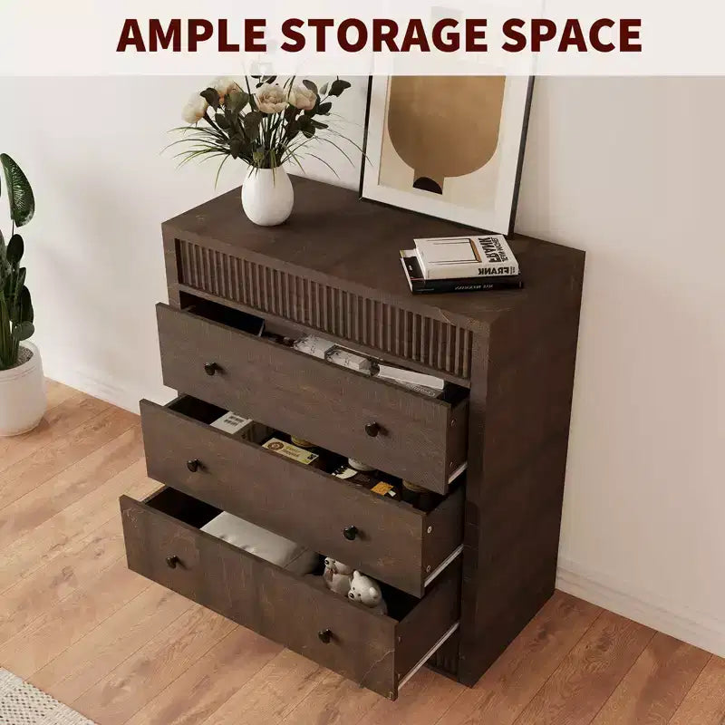 Fluted 3 Drawer Dresser, 32in Tall 3 Chest of Drawers with Double Waveform Fluted Panel, Wooden Cabinet for Bedroom Living Room Nursery