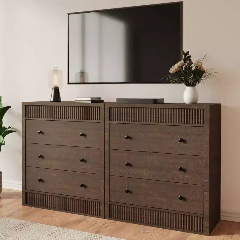 Fluted 3 Drawer Dresser, 32in Tall 3 Chest of Drawers with Double Waveform Fluted Panel, Wooden Cabinet for Bedroom Living Room Nursery