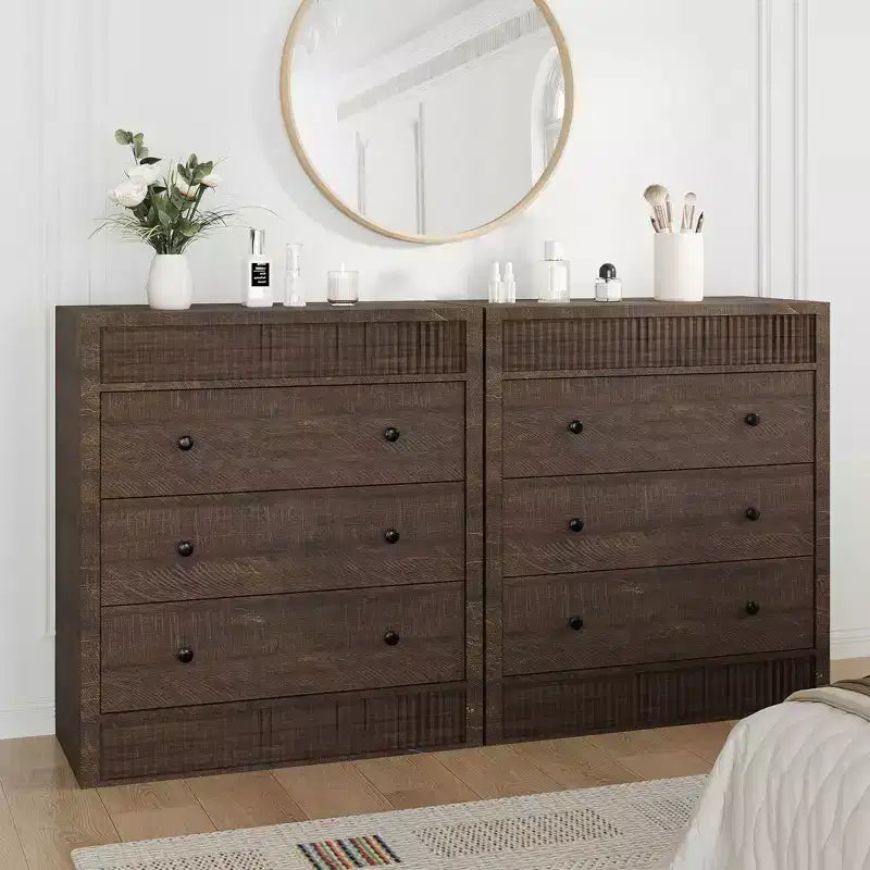 Fluted 3 Drawer Dresser, 32in Tall 3 Chest of Drawers with Double Waveform Fluted Panel, Wooden Cabinet for Bedroom Living Room Nursery