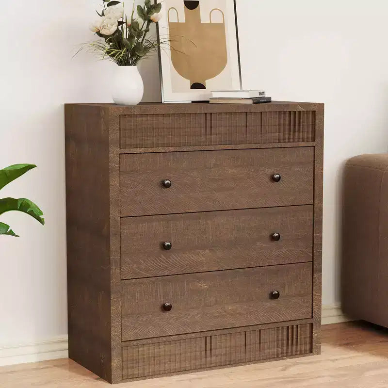 Fluted 3 Drawer Dresser, 32in Tall 3 Chest of Drawers with Double Waveform Fluted Panel, Wooden Cabinet for Bedroom Living Room Nursery