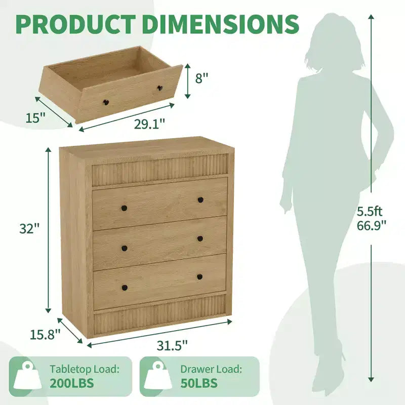 Fluted 3 Drawer Dresser, 32in Tall 3 Chest of Drawers with Double Waveform Fluted Panel, Wooden Cabinet for Bedroom Living Room Nursery