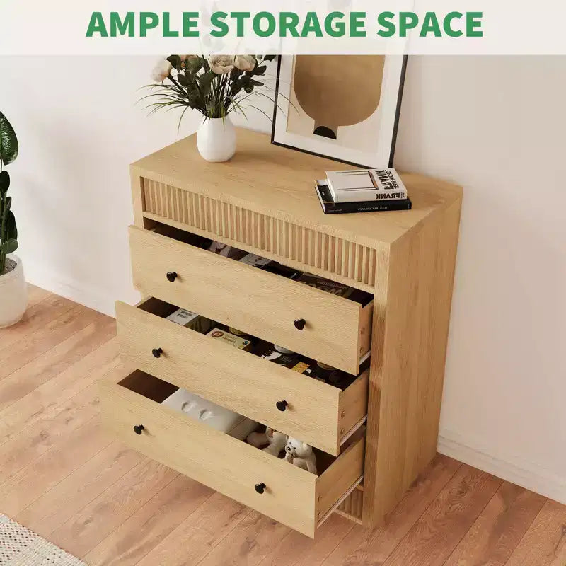 Fluted 3 Drawer Dresser, 32in Tall 3 Chest of Drawers with Double Waveform Fluted Panel, Wooden Cabinet for Bedroom Living Room Nursery