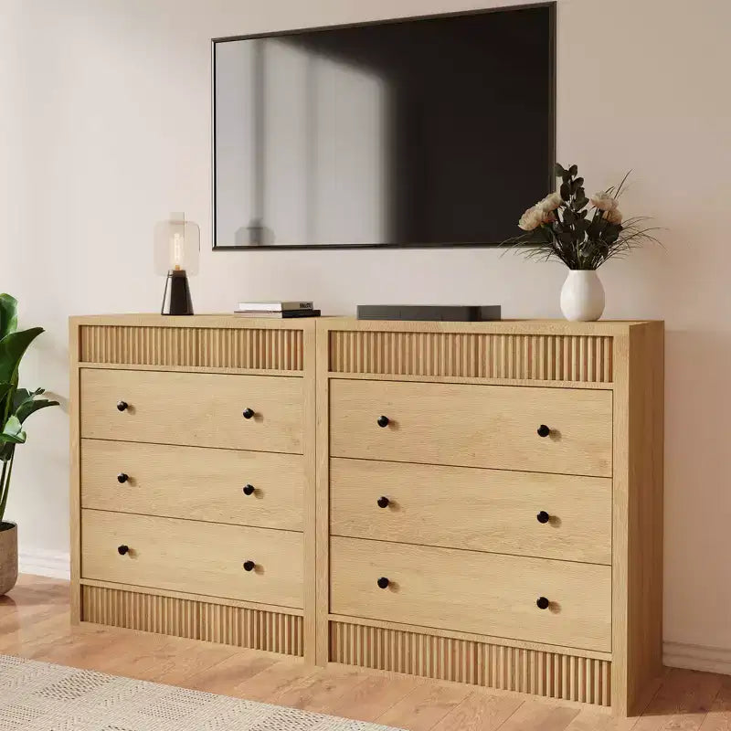 Fluted 3 Drawer Dresser, 32in Tall 3 Chest of Drawers with Double Waveform Fluted Panel, Wooden Cabinet for Bedroom Living Room Nursery
