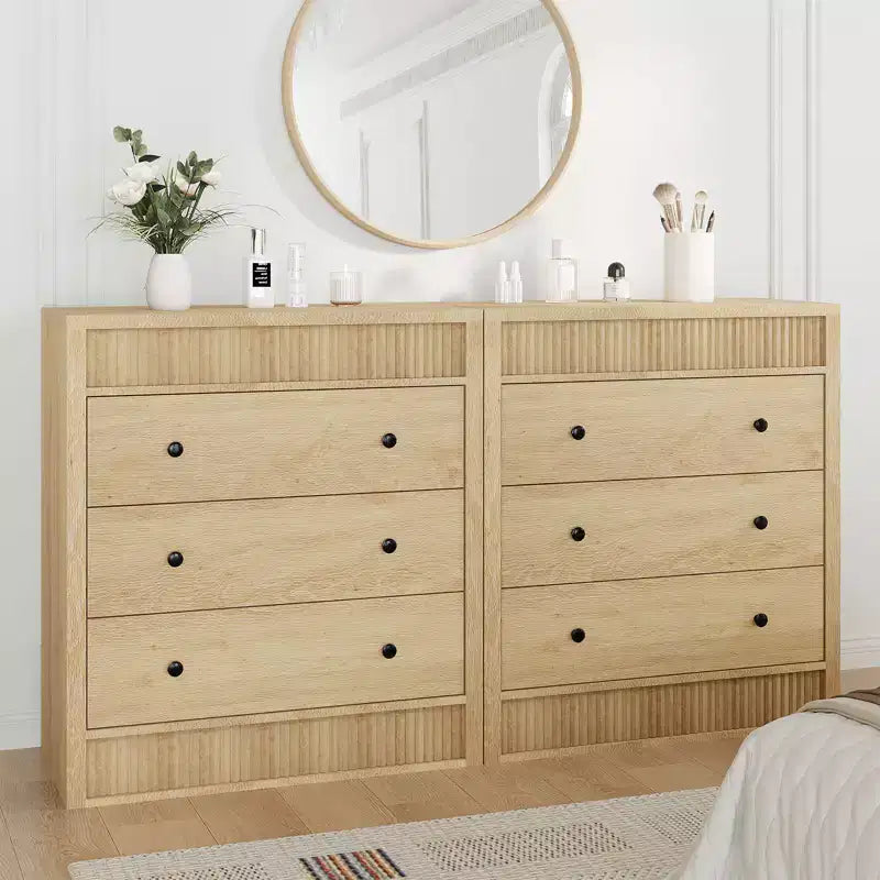 Fluted 3 Drawer Dresser, 32in Tall 3 Chest of Drawers with Double Waveform Fluted Panel, Wooden Cabinet for Bedroom Living Room Nursery