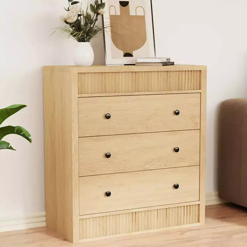 Fluted 3 Drawer Dresser, 32in Tall 3 Chest of Drawers with Double Waveform Fluted Panel, Wooden Cabinet for Bedroom Living Room Nursery