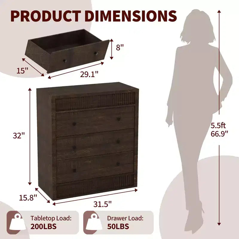 Fluted 3 Drawer Dresser, 32in Tall 3 Chest of Drawers with Double Waveform Fluted Panel, Wooden Cabinet for Bedroom Living Room Nursery