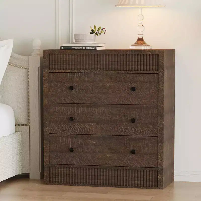 Fluted 3 Drawer Dresser, 32in Tall 3 Chest of Drawers with Double Waveform Fluted Panel, Wooden Cabinet for Bedroom Living Room Nursery
