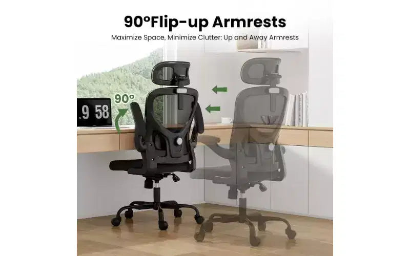 TUYOHW Mesh Ergonomic Office Chair, Home Office Desk Chair with Adjustable Lumbar Support & Headrest, High Back Computer Chair with Flip-Up Armrests